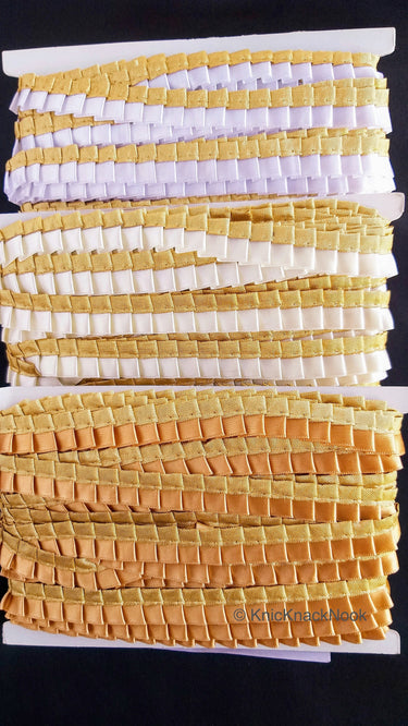 Satin, Off White & Gold Pleated Lace Trim, Trim